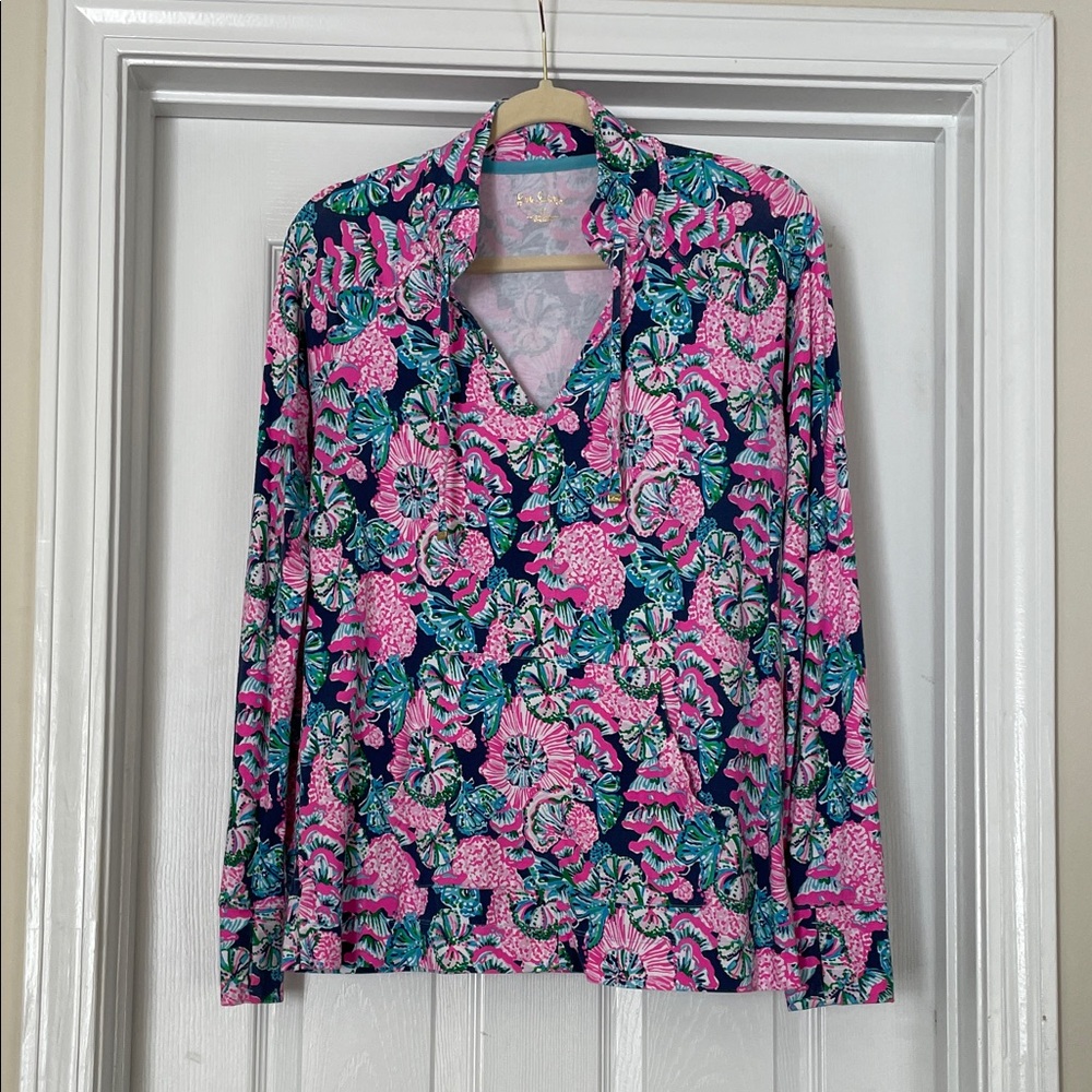 Lilly Pulitzer Pink and Blue Floral Tunic Top W/ Drawstring V-neck Medium